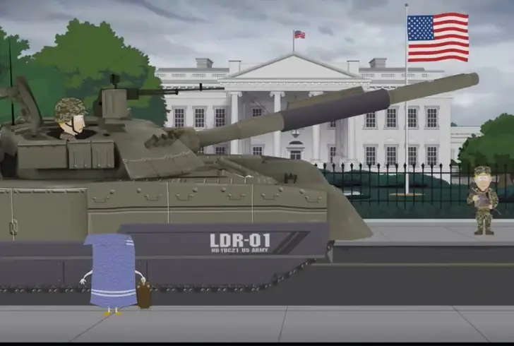 Cartoon city with tanks and soldiers